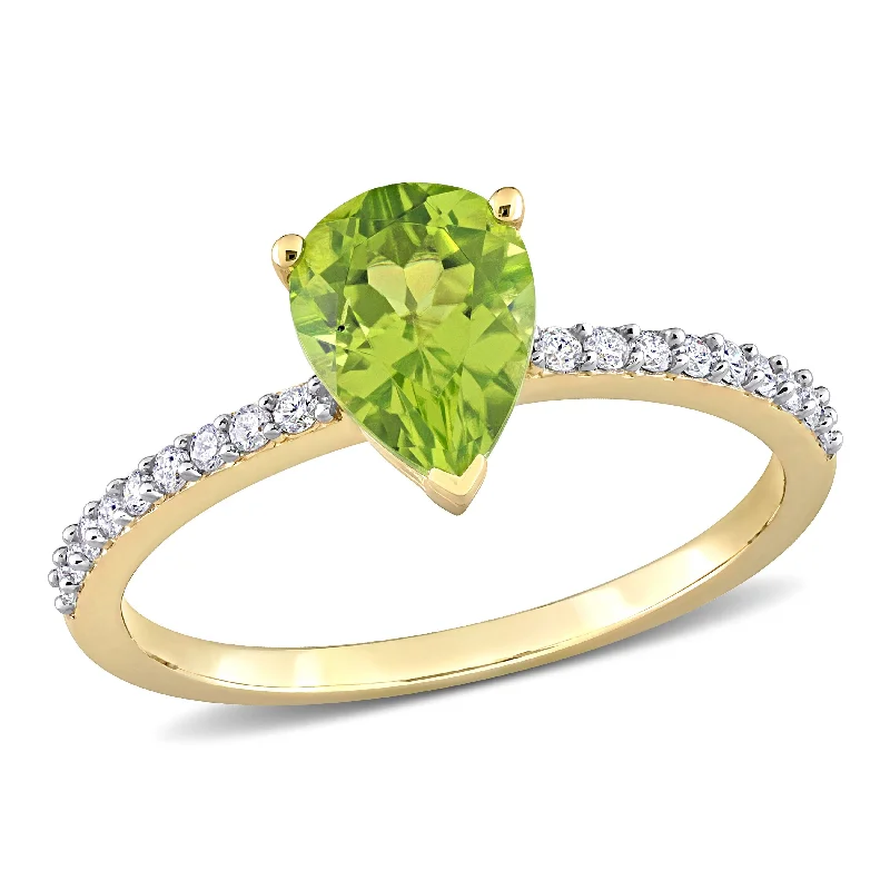 Sterling silver promise rings for her-Miadora 1 1/7ct TGW Pear Shape Peridot and 1/7ct TDW Diamond Ring in 14k Yellow Gold