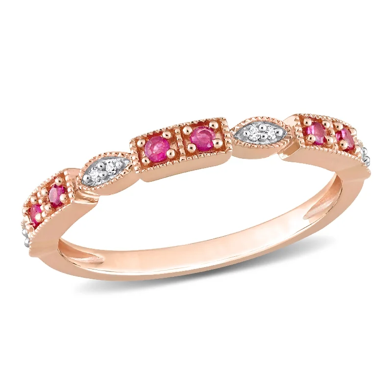 Personalized women’s wedding rings-Miadora 1/8 ct TGW Ruby & Diamond Accent Semi-Eternity Ring in 10k Rose Gold