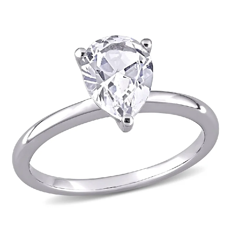 Women’s gold rings with diamonds-Miadora 10k White Gold Pear-cut Created White Sapphire Solitaire Engagement Ring