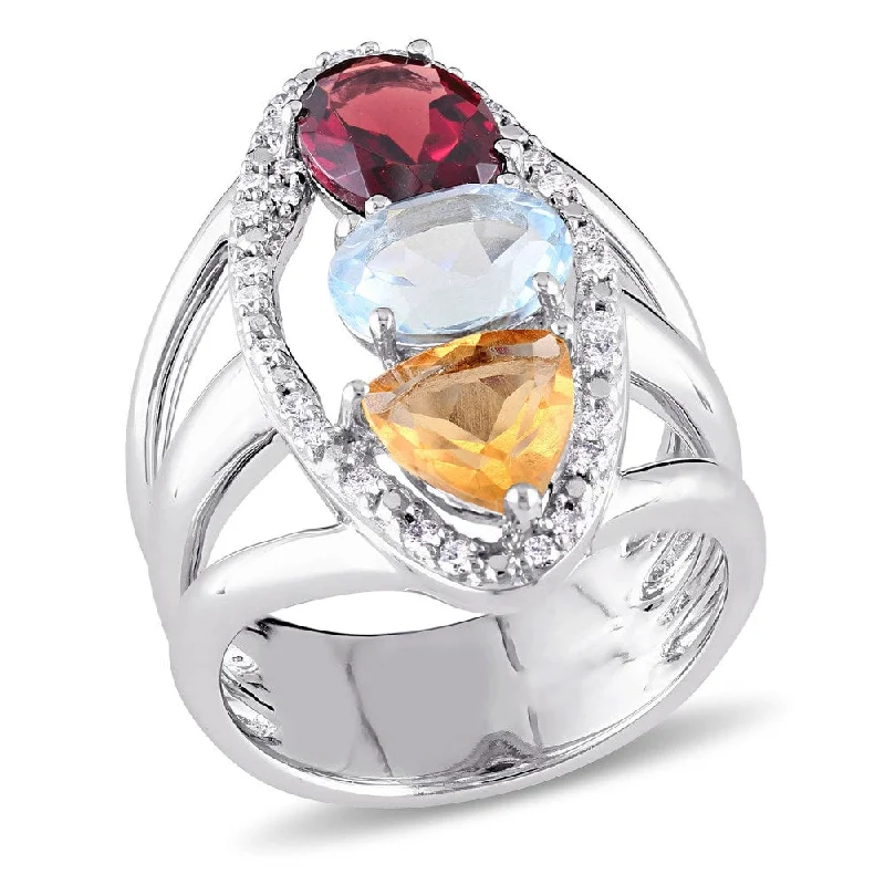 Unique rings with colored stones-Miadora 14k White Gold Garnet Blue Topaz Citrine and 1/5ct TDW Diamond Teardrop Split-Shank Ring (G-