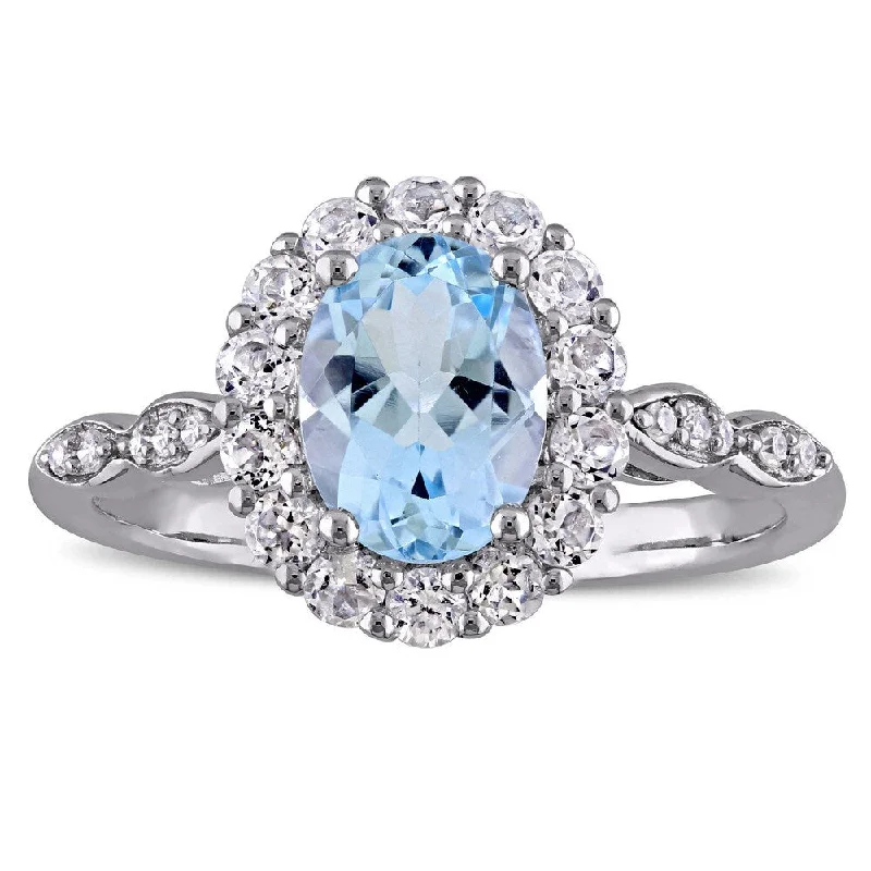 Custom diamond rings for anniversary gifts-Miadora 14k White Gold Oval-cut Sky Blue Topaz White Topaz and Diamond Accent Halo Engagement Ring