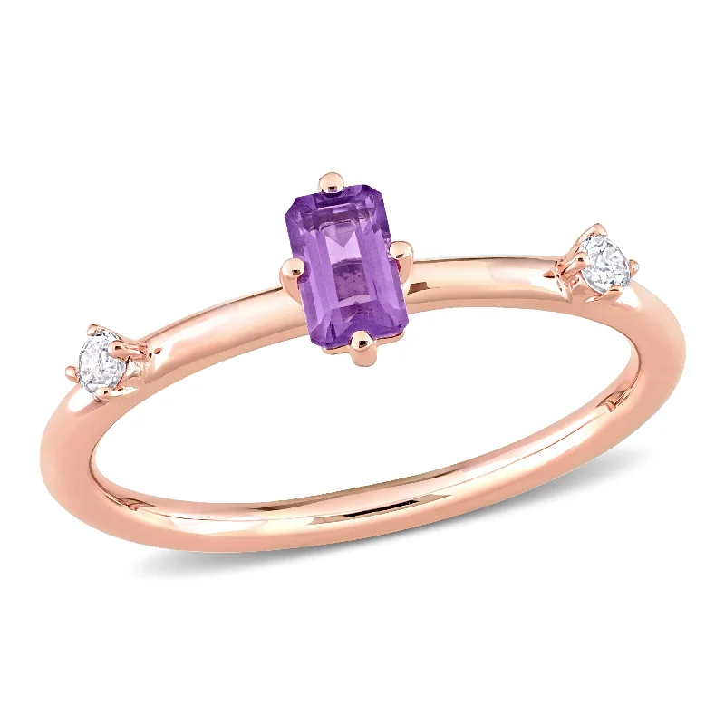 Simple engagement rings for women-Miadora 2/5ct TGW Emerald-Cut Amethyst and White Topaz Stackable Ring in 10k Rose Gold