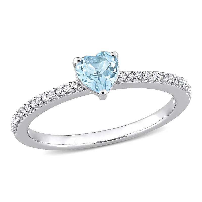 Affordable gold wedding rings for men-Miadora 3/5ct TGW Heart Shaped Sky Blue Topaz and 1/10ct TW Promise Ring in 10k White Gold