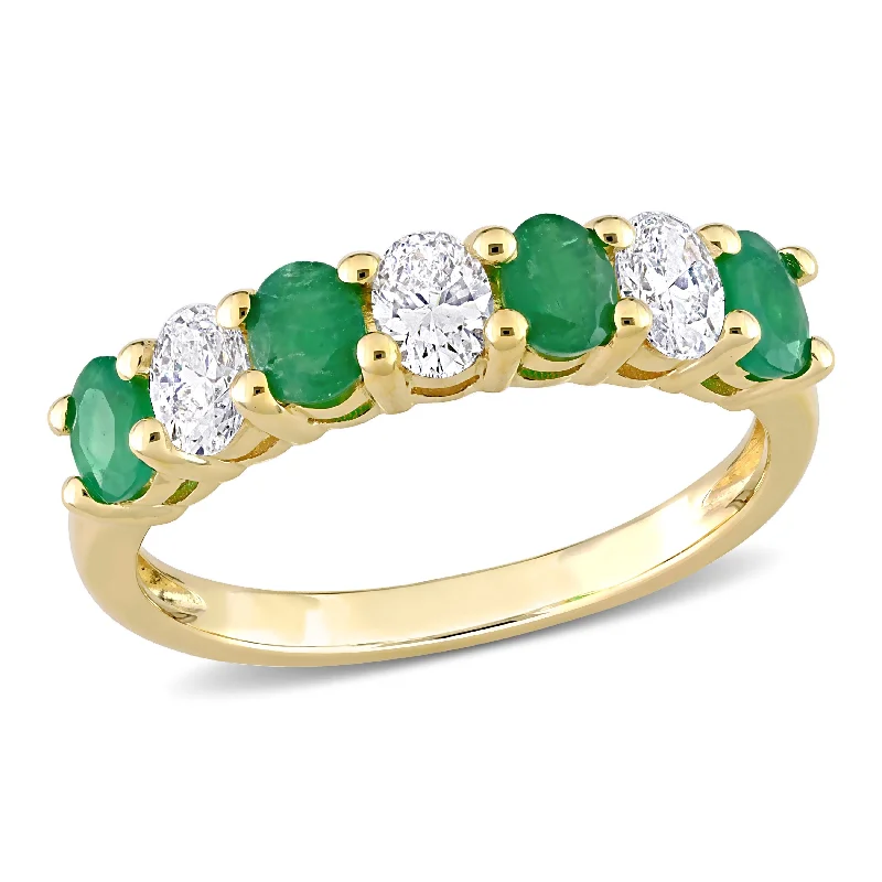 Classic silver engagement rings for women-Miadora 4/5 ct TGW Oval Emerald and 1/2 ct TW Oval Diamond Semi-Eternity Band in 14k Yellow Gold