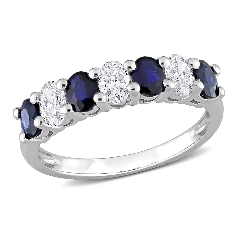 Custom gold rings for men-Miadora 4/5 ct TGW Oval Sapphire & 1/2 ct TW Oval Diamond Semi-Eternity band 14k White Gold