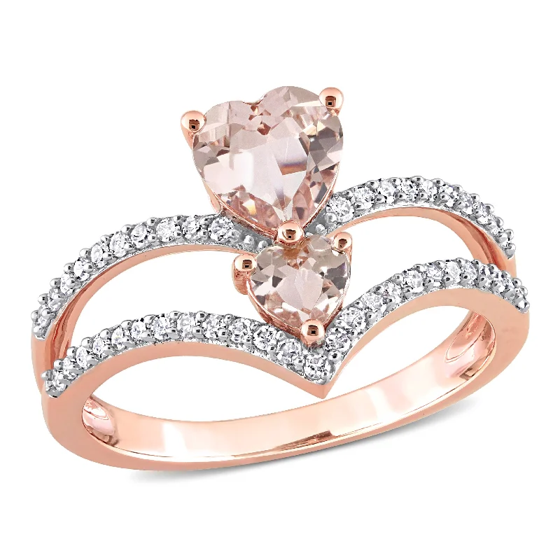 Classic silver engagement rings for women-Miadora 7/8ct TGW Heart Shape Morganite and 1/4ct Diamond 2-Stone Open Ring in 10k Rose Gold