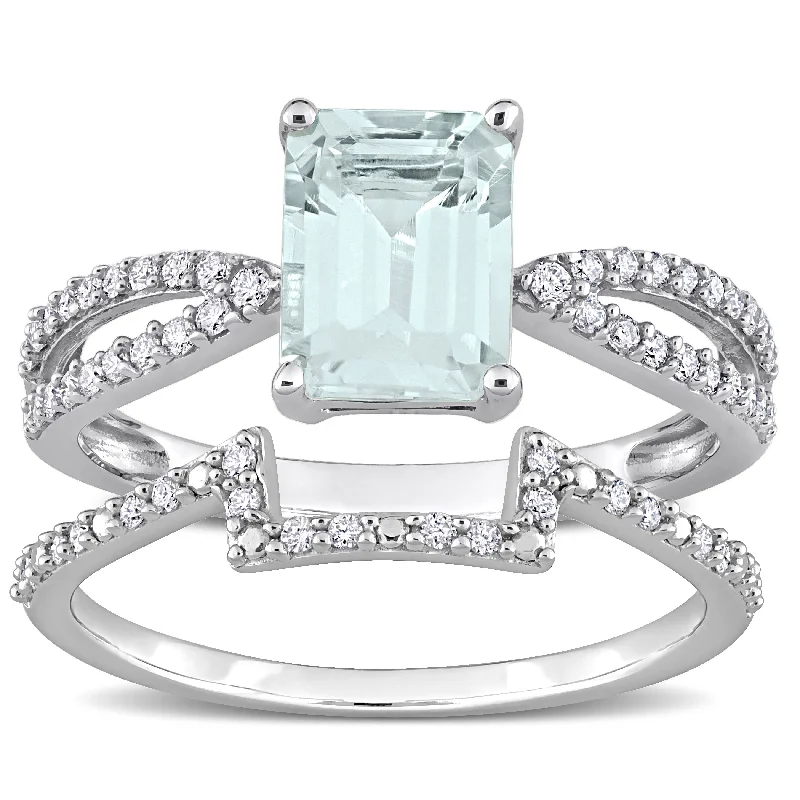 Custom men’s rings with birthstones-Miadora Octagon-cut Aquamarine and 1/3ct TDW Diamond Split Shank Bridal Ring Set in 14k White Gold