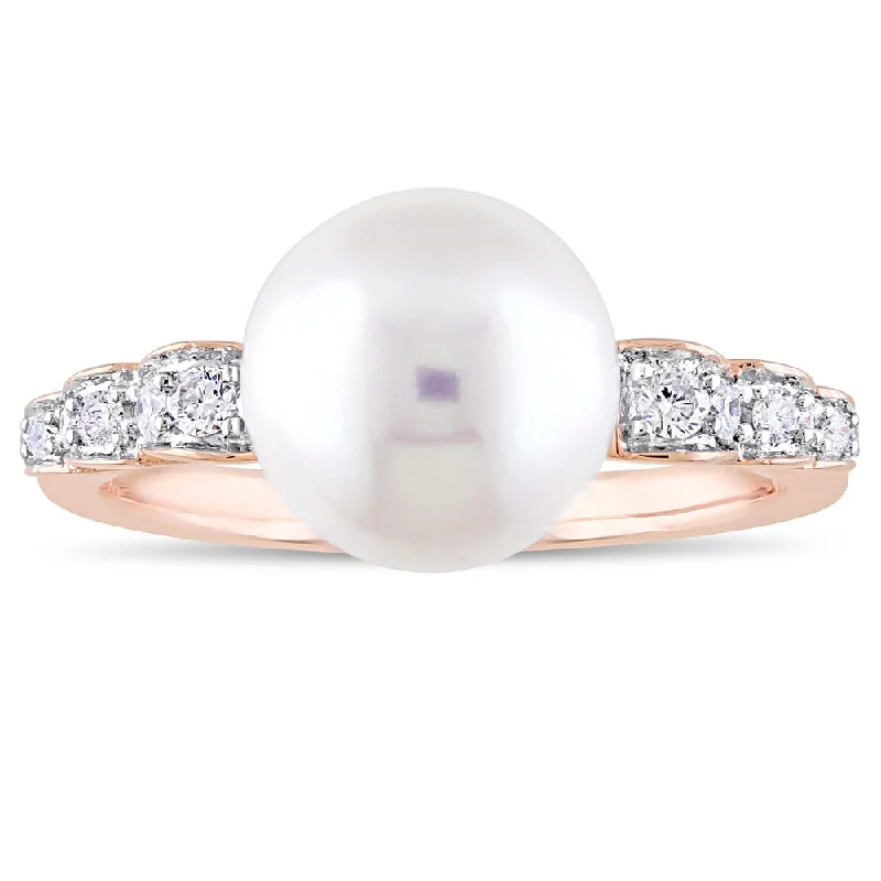 Personalized gemstone wedding bands-Miadora Signature Collection 10k Rose Gold Cultured Freshwater Pearl and 1/8ct TDW Diamond Solitaire Ring (9-9.5 mm) - White