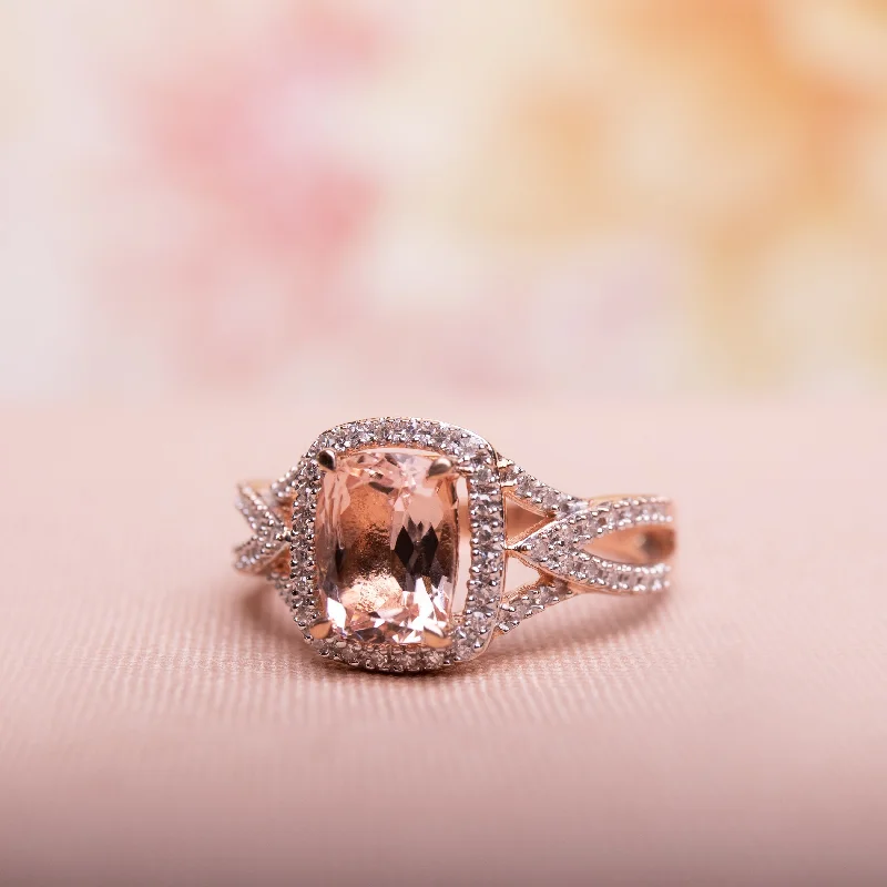 Custom silver engagement rings for her-Miadora Signature Collection 10k Rose Gold Cushion-Cut Morganite and 1/6ct TDW Diamond Crossover Engagement Ring (G-H, I1-I2)