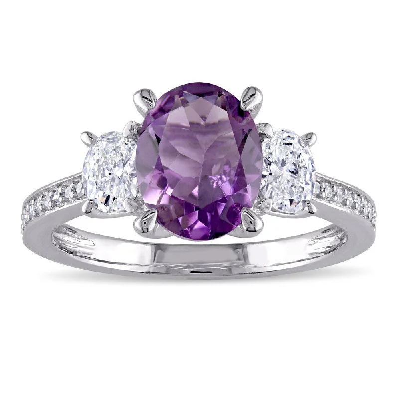 Simple gold rings for women-Miadora Signature Collection 14k White Gold Amethyst and 5/8ct TDW Oval and Round Diamond Engagement Ring (G-H, I1-I2) - Purple