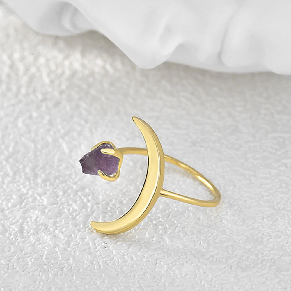 Custom diamond rings for anniversary gifts-Moon Natural Raw Amethyst Ring -  24k Gold Plated