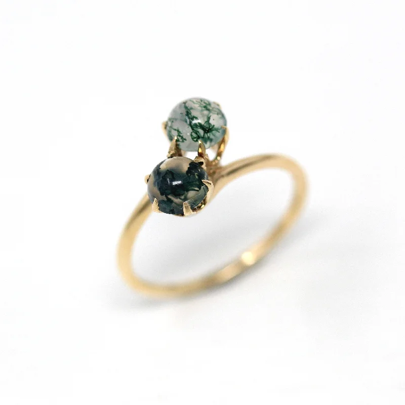 Stackable rings for women-Sale - Moss Agate Ring - Antique Edwardian 10k Yellow Gold Genuine Green Cabochon Gems - Vintage Circa 1910s Size 5 1/2 Toi Et Moi Jewelry