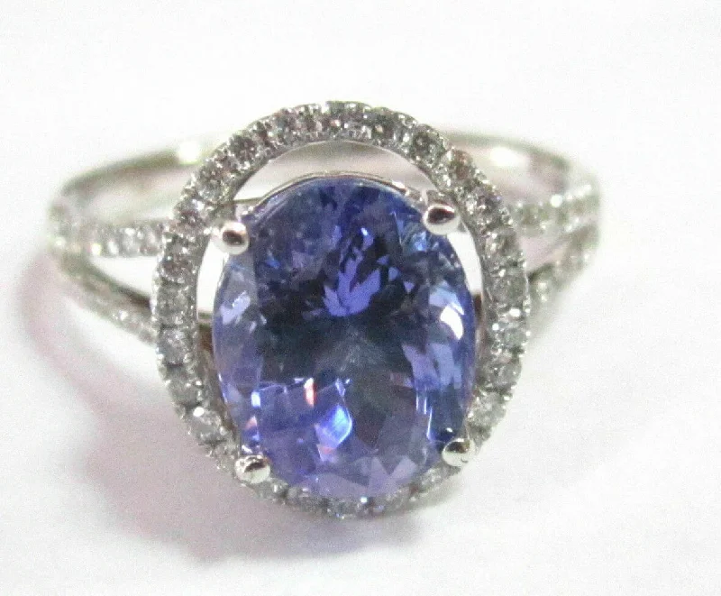 Silver promise rings for couples-Natural Oval Tanzanite & Diamond Accents Solitaire Ring Size 7 14k White Gold