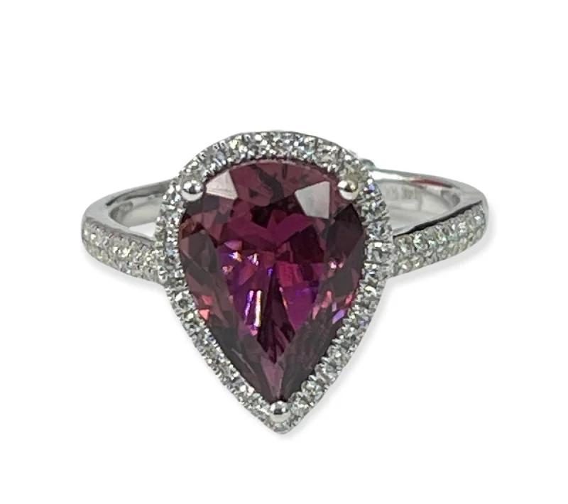 Custom silver rings for anniversary gifts-Pink Tourmaline Gem Pear Diamond Halo Ring White Gold 14kt