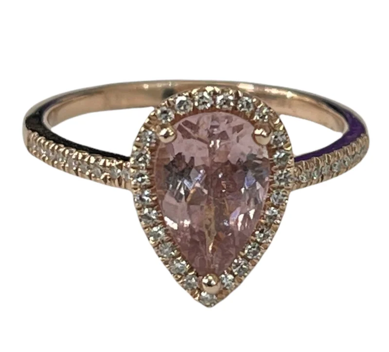 Vintage engagement rings with diamonds-Pink Tourmaline Pear Solitaire Diamond Ring Rose Gold 14kt