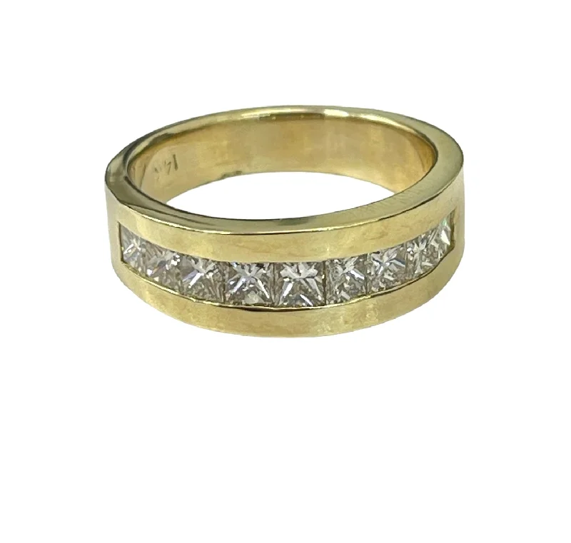 Fashion rings with diamonds for women-Princess Cut Single Row Diamond Band Yellow Gold 14kt