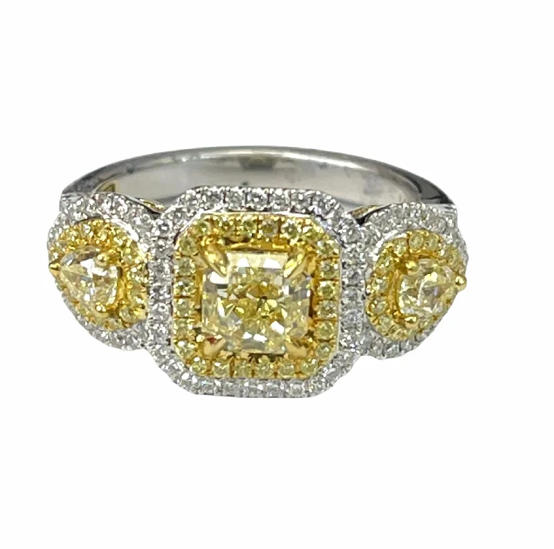 Birthstone rings for women-Radiant and Pear Natural Fancy Yellow Diamond Ring 18kt