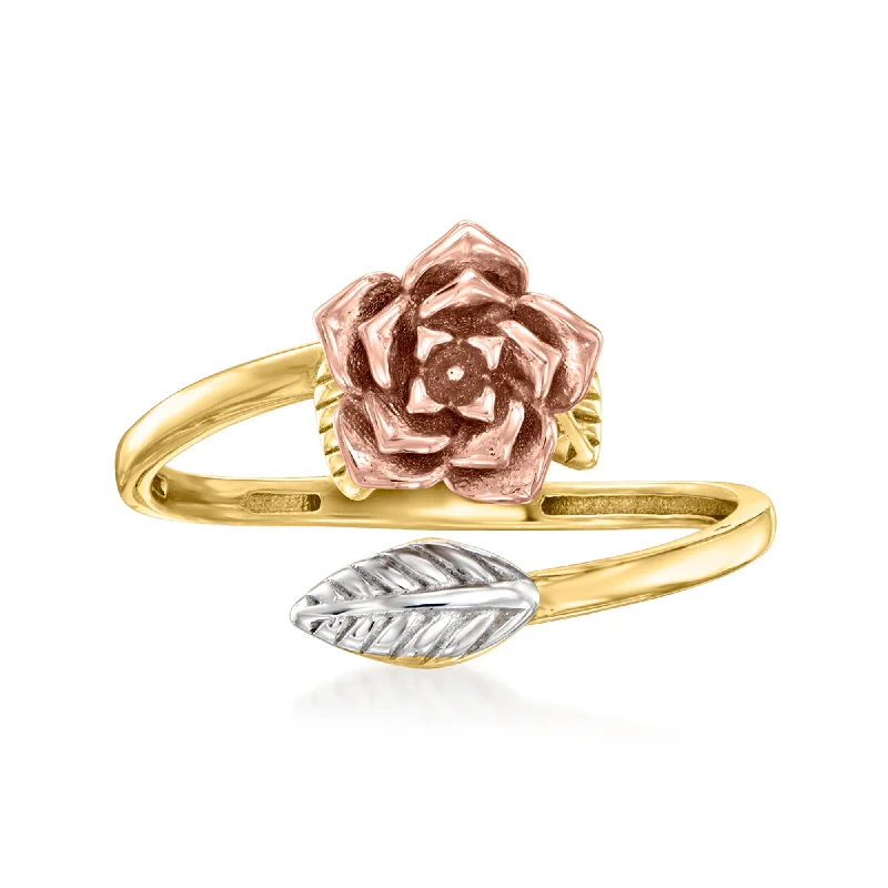 Stackable rings for women-Ross-Simons 14kt Tri-Colored Gold Rose and Leaf Bypass Ring