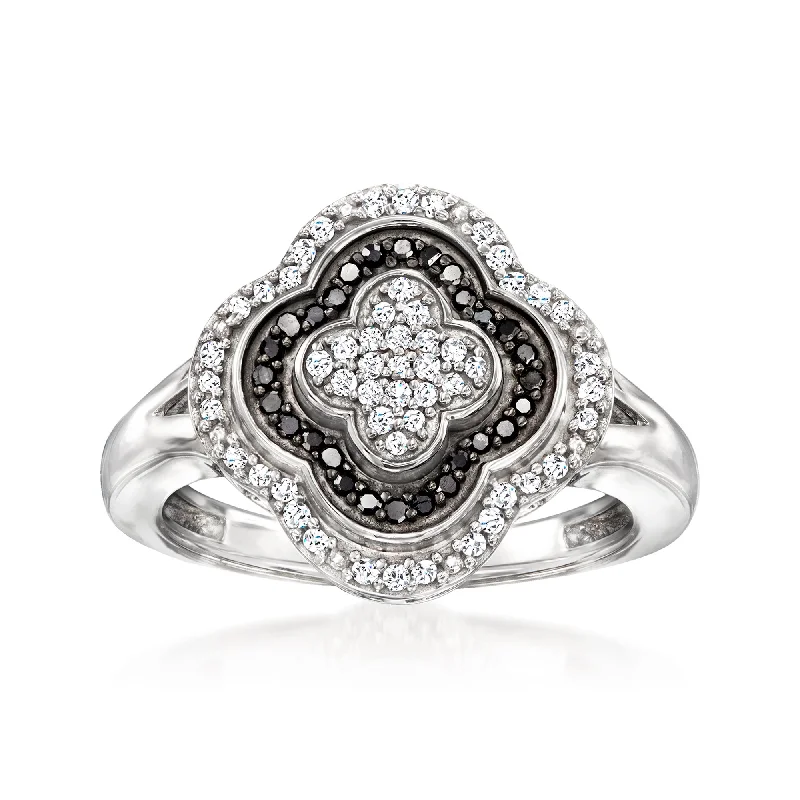 Elegant gold wedding rings for men-Ross-Simons Black and White Diamond Clover Ring in Sterling Silver.