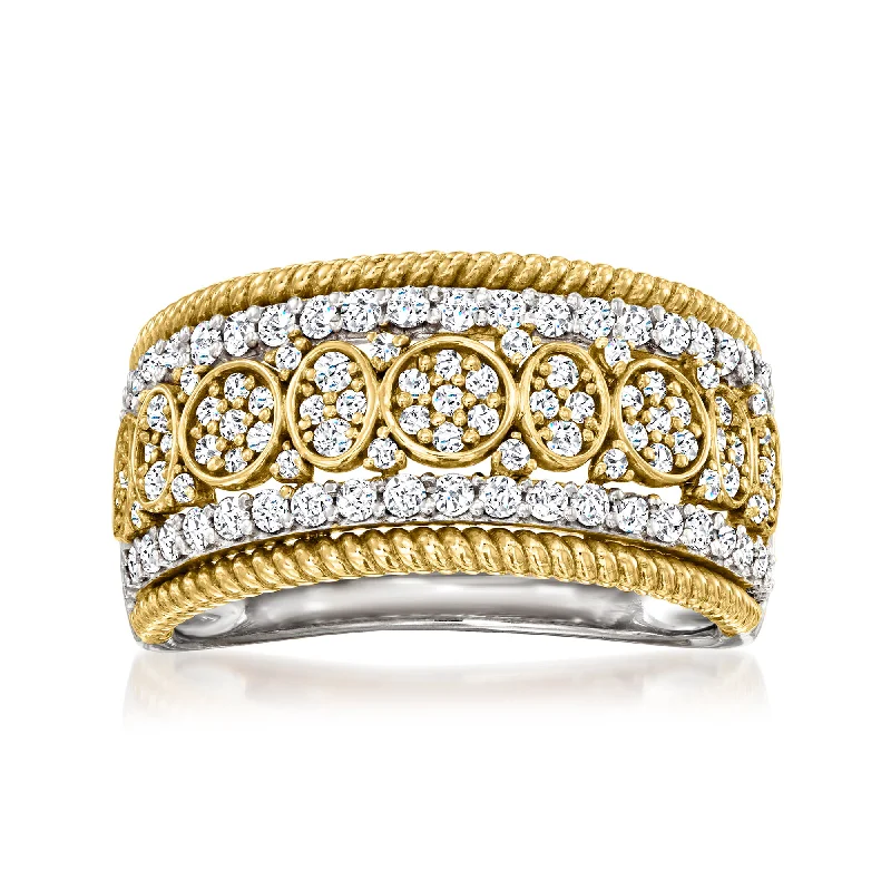 Custom gold wedding rings for women-Ross-Simons Diamond Roped-Edge Ring in Sterling Silver and 18kt Yellow Gold Over Sterling