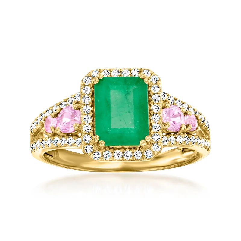 Personalized promise rings for couples-Ross-Simons Emerald and . Pink Sapphire Ring With . Diamonds in 14kt Yellow Gold