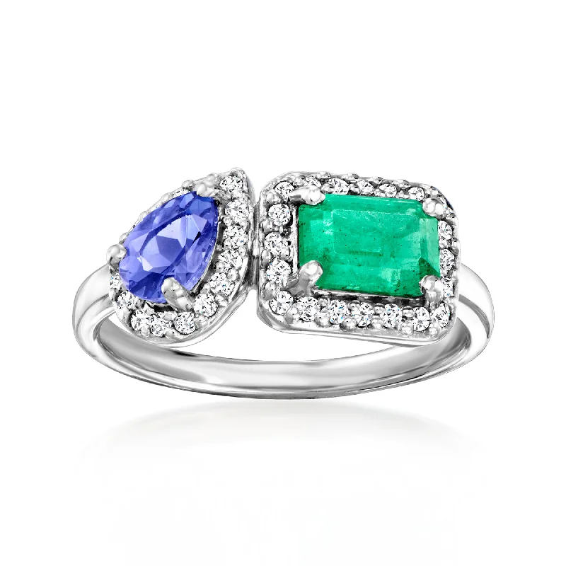 Fashionable stacking rings for women-Ross-Simons Emerald and . Tanzanite Toi Et Moi Ring With . Diamonds in 14kt White Gold