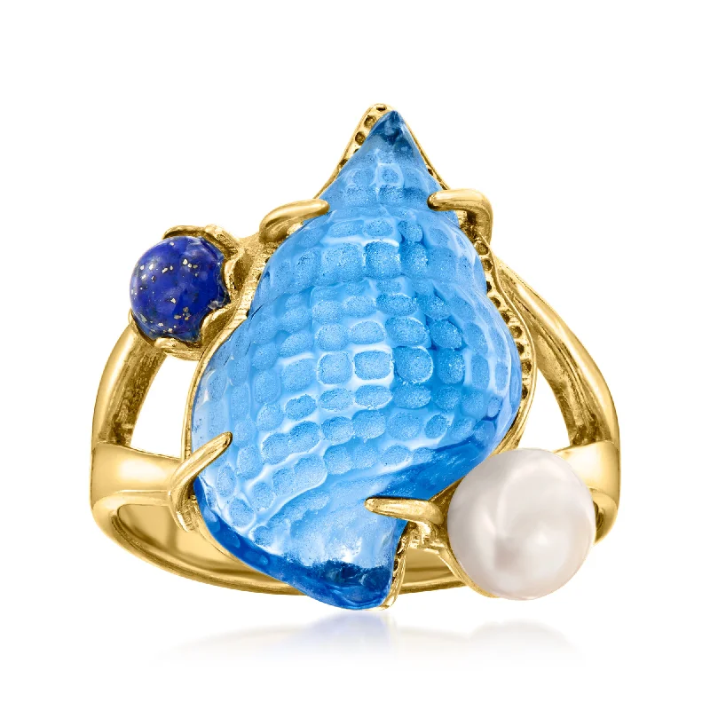 Sterling silver rings for men-Ross-Simons Italian Tagliamonte Blue Venetian Glass Seashell Ring With Lapis and 5.5-6mm Cultured Pearl in 18kt Gold Over Sterling