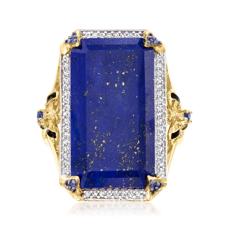 Unique men’s rings with gemstones-Ross-Simons Lapis, White Topaz and . Sapphire Bumblebee Ring With Black Enamel in 18kt Gold Over Sterling