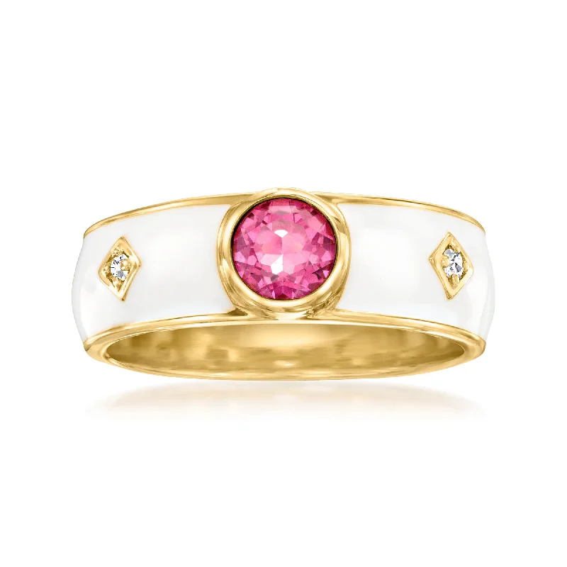 Custom name rings for her-Ross-Simons Pink Topaz Ring With Diamond Accents and White Enamel in 18kt Gold Over Sterling