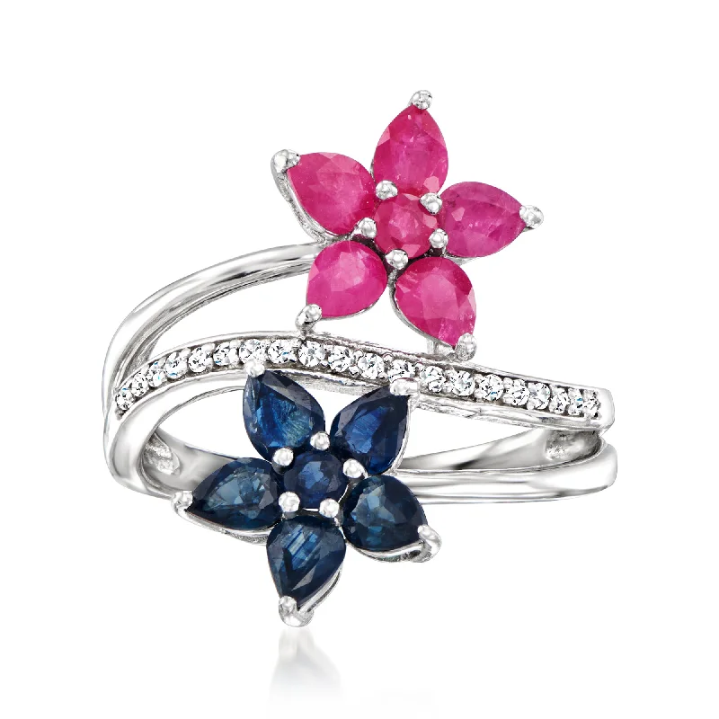 Designer engagement rings for women-Ross-Simons Ruby and . Sapphire Flower Bypass Ring With . Diamonds in Sterling Silver