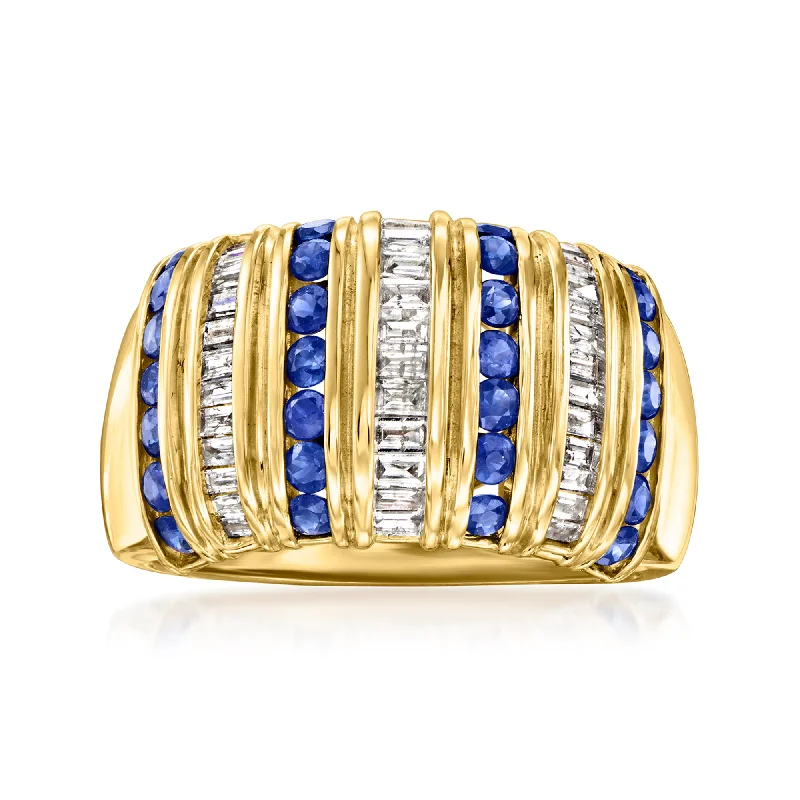 Men’s signet rings with engraving-Ross-Simons Sapphire and . Diamond Striped Ring in 14kt Yellow Gold