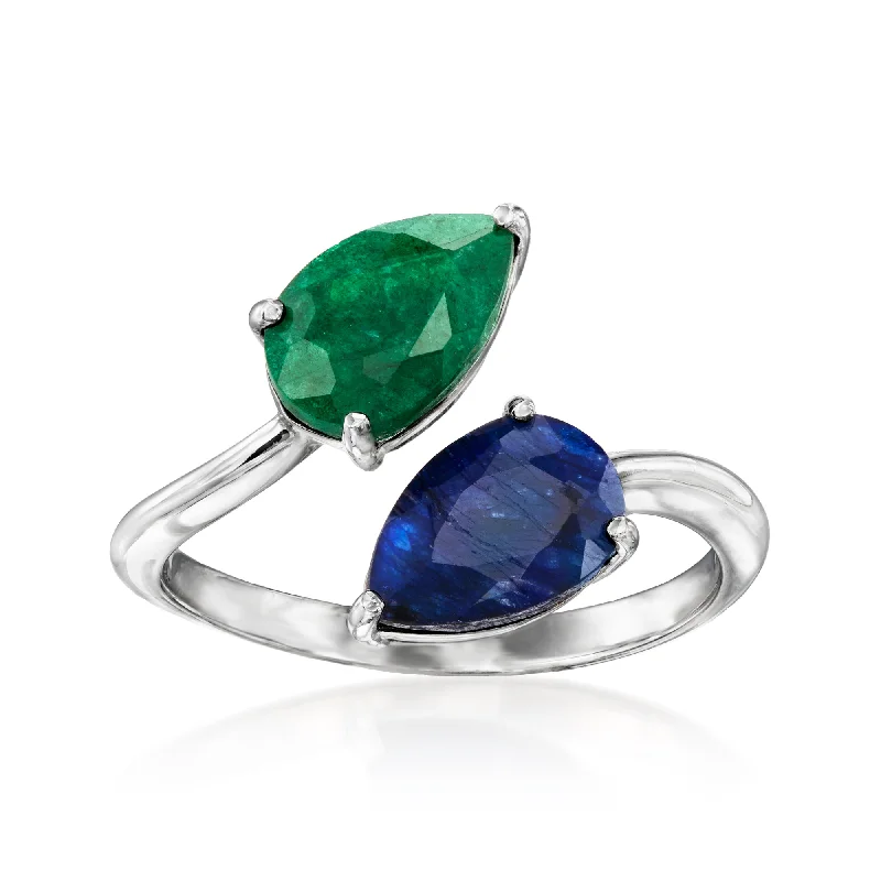 Personalized signet rings for men-Ross-Simons Sapphire and . Emerald Toi Et Moi Ring in Sterling Silver