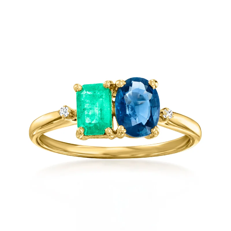 Custom engraved rings for her-Ross-Simons Sapphire and . Emerald Toi Et Moi Ring With Diamond Accents in 14kt Yellow Gold