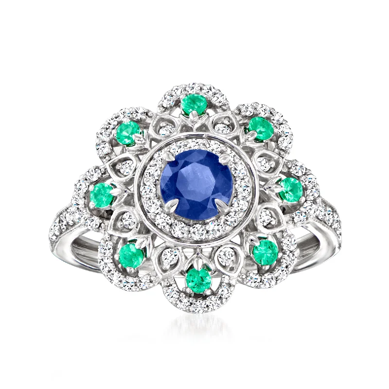 Simple gold rings for women-Ross-Simons Sapphire, . Emerald and . Diamond Ring in Sterling Silver