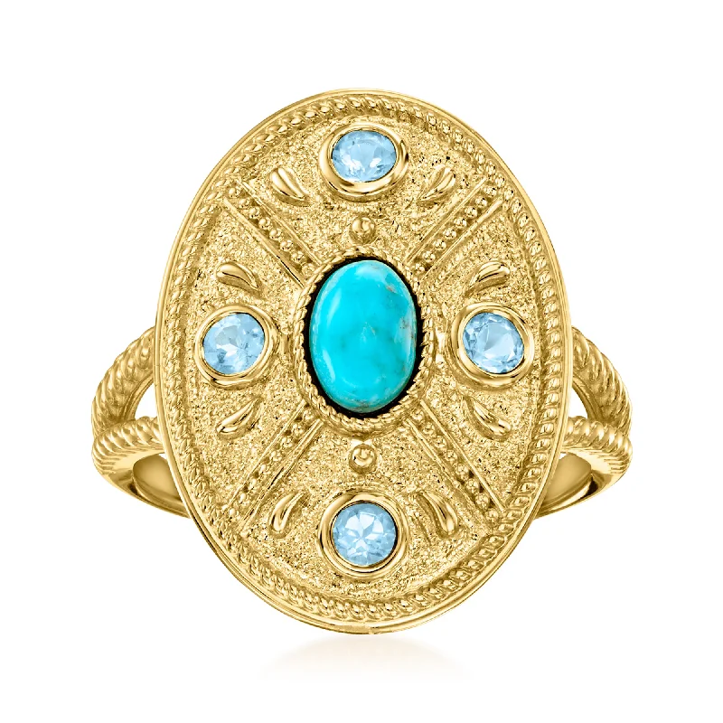 Designer gold rings for women-Ross-Simons Turquoise and Sky Blue Topaz Ring in 18kt Gold Over Sterling