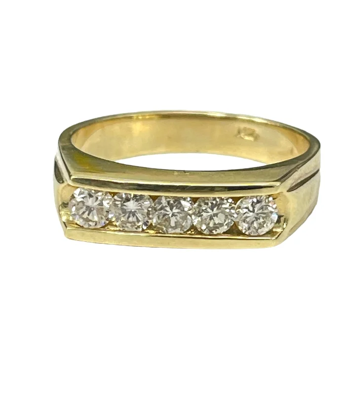 Custom birthstone rings for her-Round Brilliant Single Row Diamond Ring Band Yellow Gold 14kt