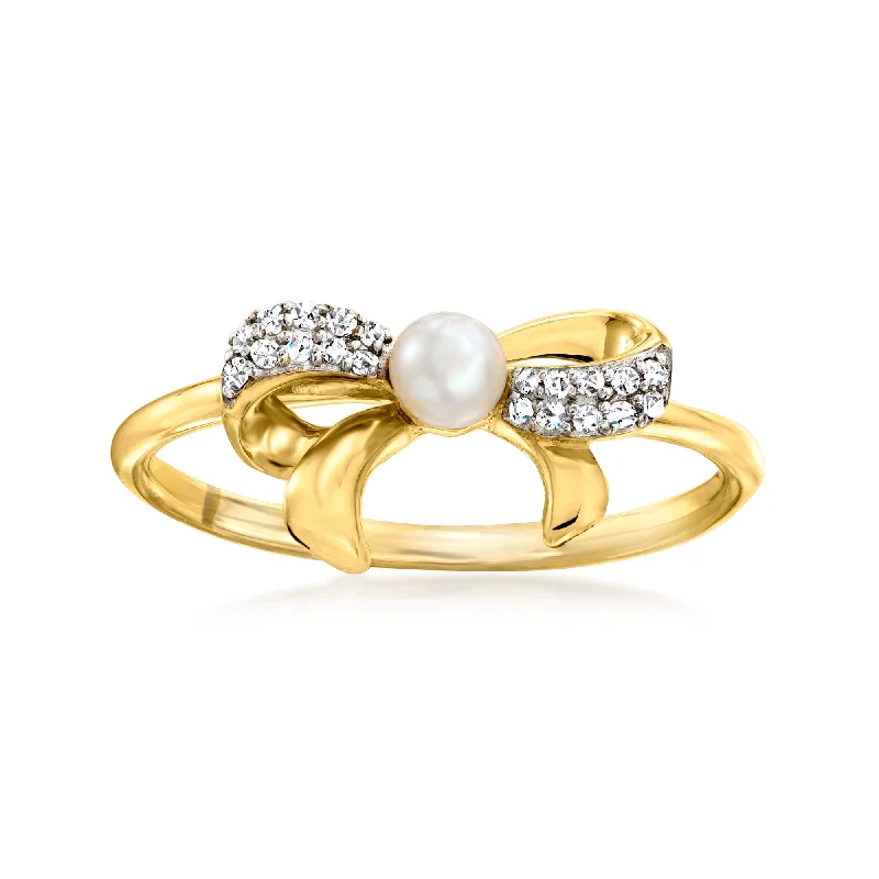 Simple engagement rings for women-RS Pure by Ross-Simons 3-3.5mm Cultured Pearl Bow Ring With Diamond Accents in 14kt Yellow Gold