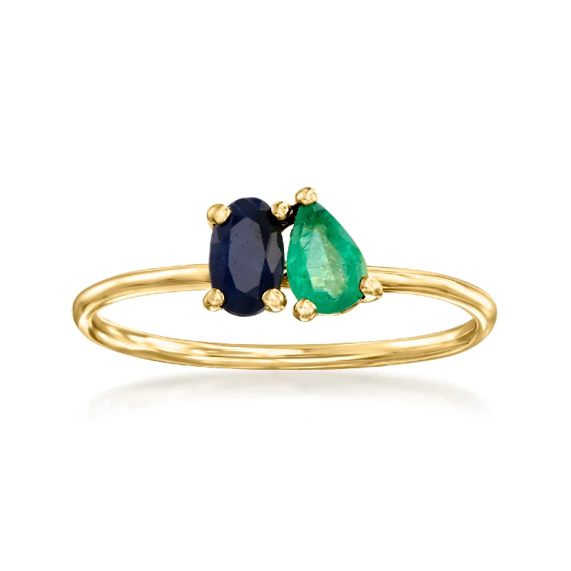 Men’s wedding bands with gemstones-RS Pure by Ross-Simons Sapphire and . Emerald Toi Et Moi Ring in 14kt Yellow Gold