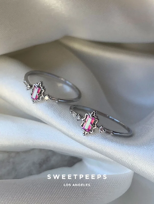 Affordable engagement rings with diamonds-Silver Gem Frame Pink Ring