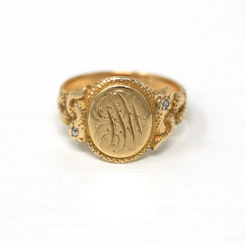 Gold rings for men with initials-Sale - Snake Signet Ring - Edwardian Era 14k Yellow Gold Engraved Initials JPW Letters - Antique Dated 1904 Size 7 Fine Diamond Rare Jewelry