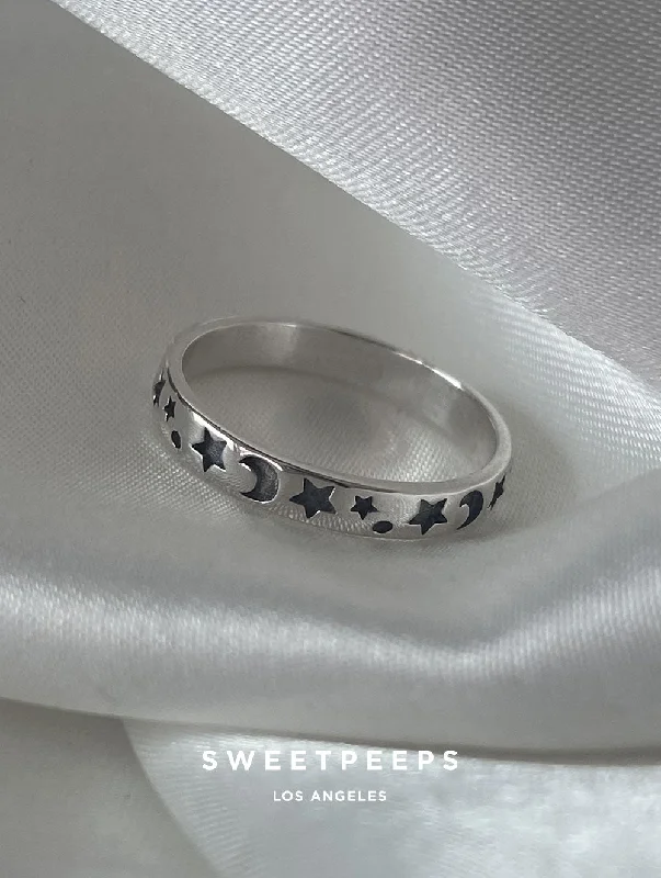 Unique engagement rings for women-Sterling Silver Celestial Engraved Ring