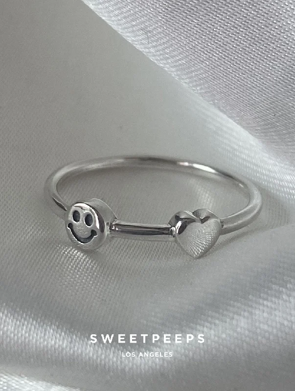 Custom name rings with gemstones-Sterling Silver Smiley Face & Heart Ring