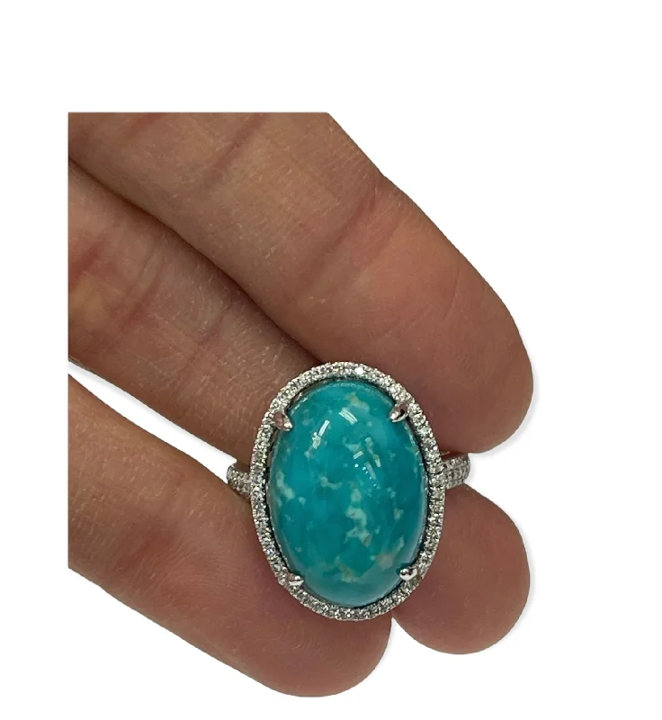 Men’s rings with engraving for gifts-Turquoise Gem Solitaire Halo Diamond Ring White Gold 14kt