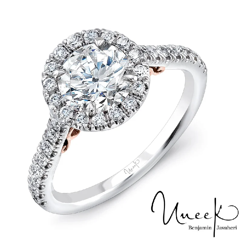 Simple gemstone rings for women-Uneek Fiorire Diamond Halo Engagement Ring