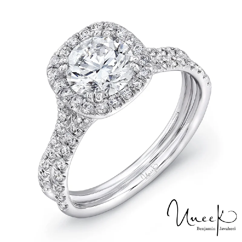 Custom rings for women’s weddings-Uneek Pave Double Shank Halo Engagement Ring