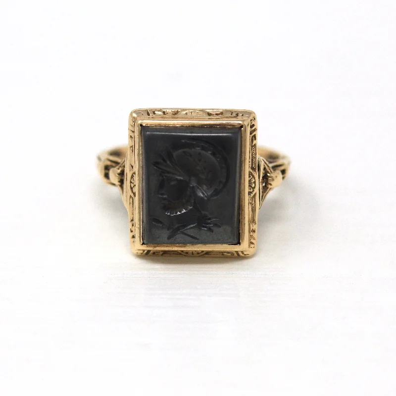 Unique men’s rings with gemstones-Sale - Vintage Hematite Ring - Art Deco 10k Yellow Gold Carved Intaglio Gray Gemstone Warrior - Circa 1930s Era Size 5 1/2 Statement Jewelry