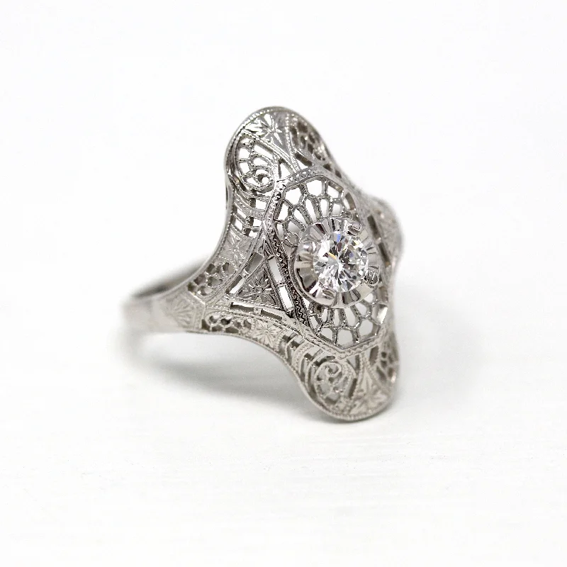 Unique engagement rings for women-Sale - Vintage Shield Ring - Art Deco 14k White Gold Genuine 1/5 CT Diamond - Circa 1930s Era Size 6 1/4 Fine Filigree Flower 30s Jewelry