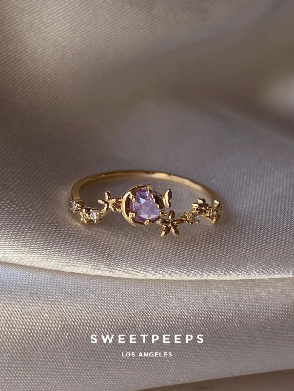 Women’s gold rings with diamonds-Whimsical Butterfly Moon Ring