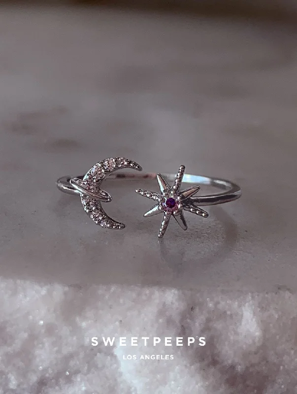 Affordable engagement rings with diamonds-Winona Moon Star Ring - Silver