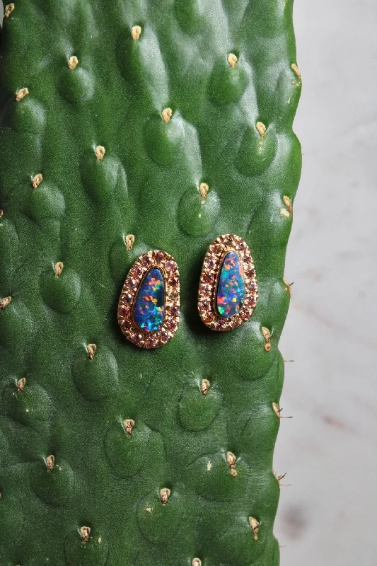 textured earrings for fashion lovers -14K Australian Blue Opal x Peach Sapphire Earrings